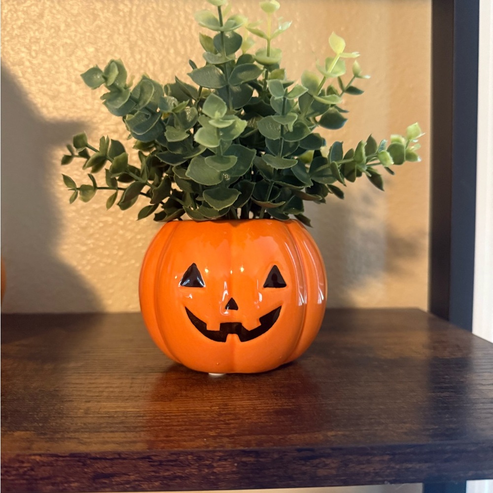 Orange Pumpkin Planter with Greenery